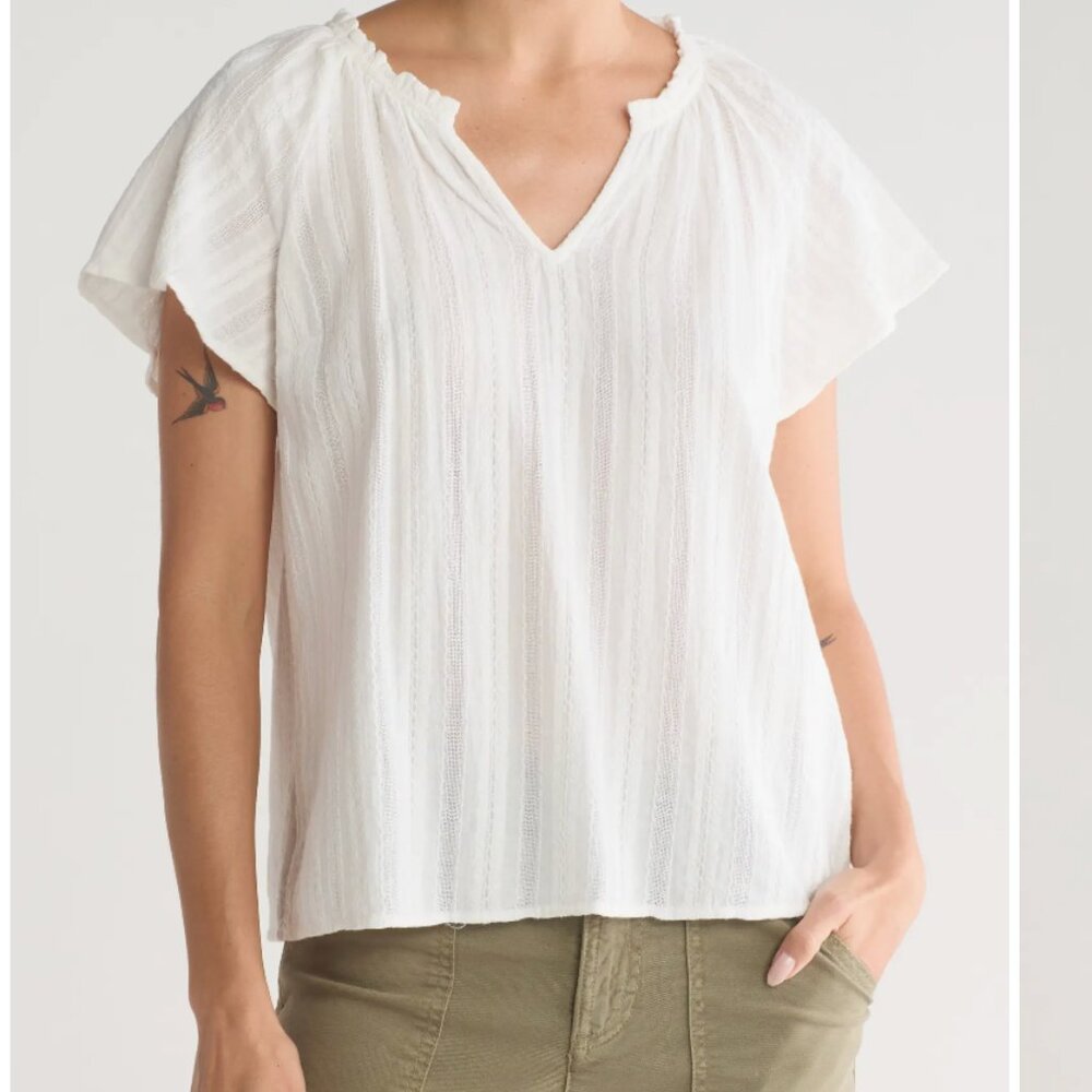 Marine Layer Lana Textured V-Neck Flutter Sleeve Top  White Small Boho Beachy